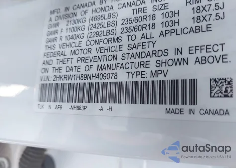 2022 Honda Cr-V 2Wd Ex-L z USA, uszkodzony, nr VIN 2HKRW1H89NH409078